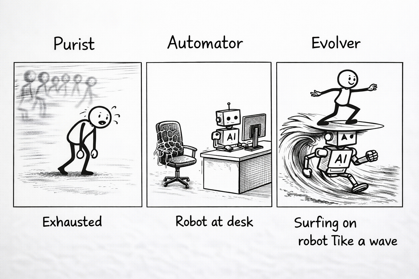 Three-panel black-and-white comic about creators and AI: Panel 1 “Purist” shows an exhausted stick figure alone while the world passes by, Panel 2 “Automator” shows a robot working at a desk with an empty human chair and cobwebs, Panel 3 “Evolver” shows a stick figure surfing on a robot like a wave while moving forward.