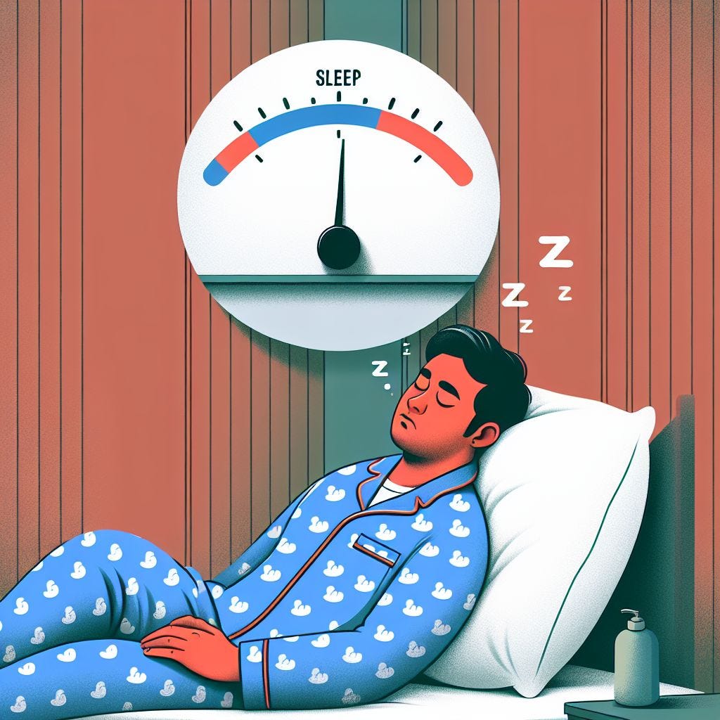 a worker in pyjamas sleeping as a sleep meter in the background begins filling up