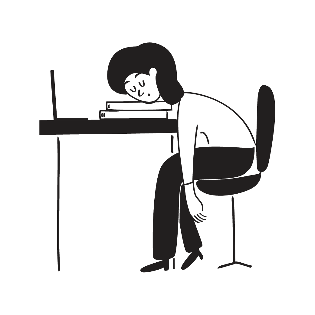 Picture shows a person asleep on a pile of books, with an open laptop in front of them