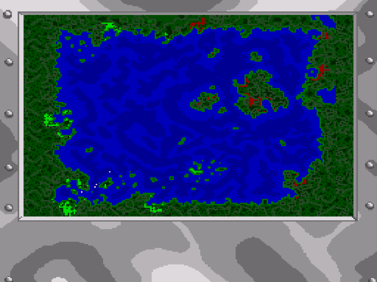 A screenshot of the full map from Super Battleship, where red represents enemy territory, and green yours.