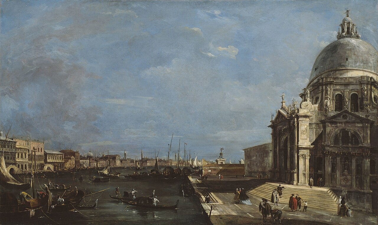 The Grand Canal under a wide moving sky, palaces sketched in quick strokes The Grand Canal under a wide moving sky, palaces sketched in quick strokes