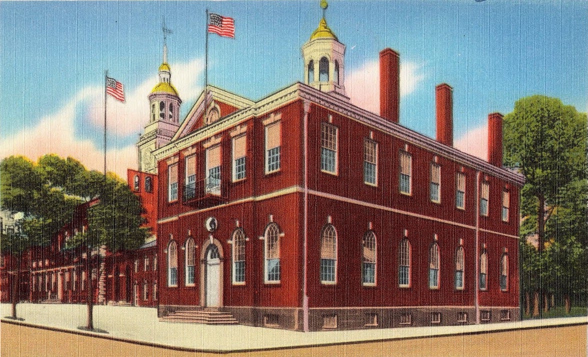 Congress Hall in Philadelphia, PA as shown on a color postcard.