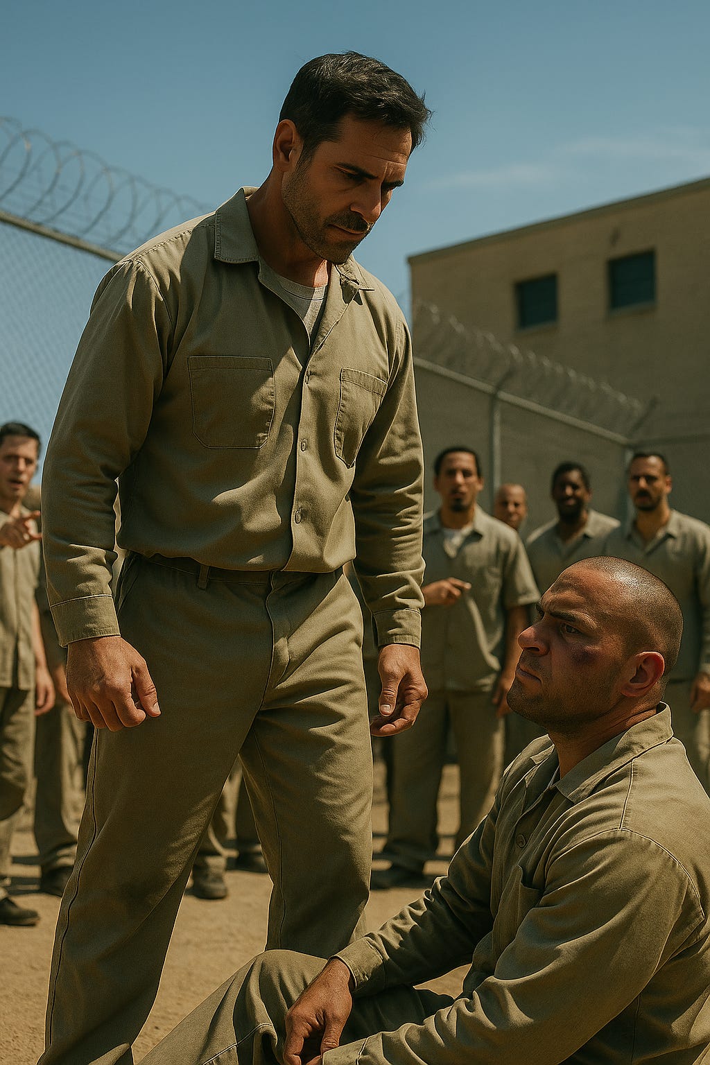 In a prison yard, Smith stands over Stringer, glaring up at him from the ground In a prison yard, Smith stands over Stringer, glaring up at him from the ground