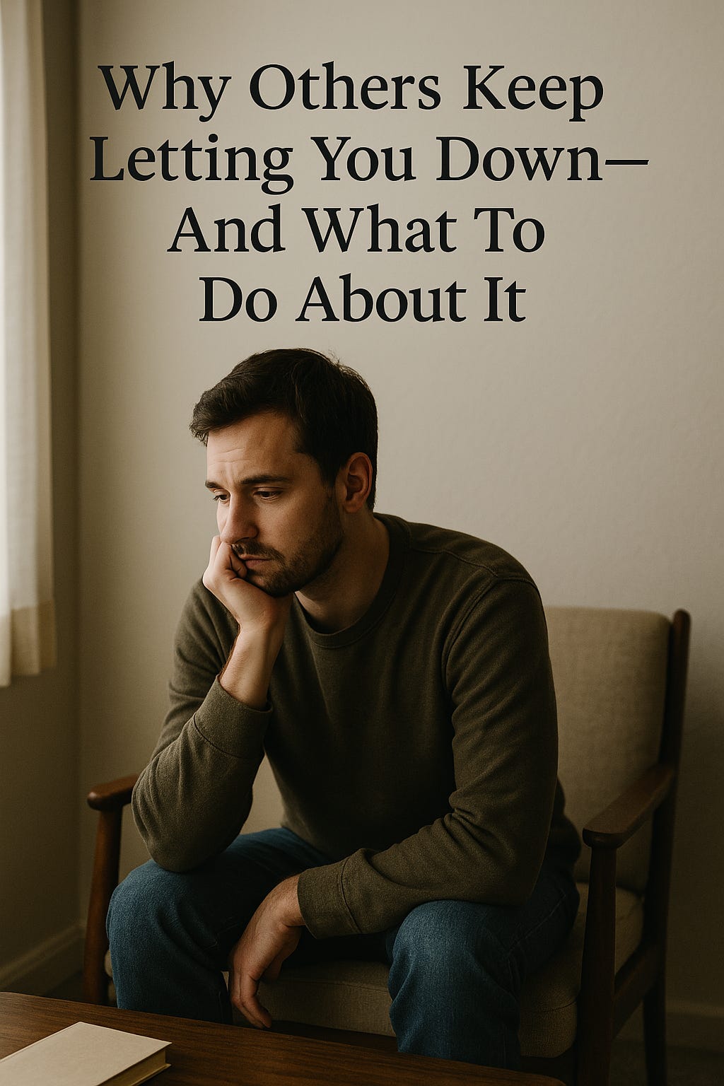 Man in his 30s sitting alone, looking disappointed and deep in thought, symbolising the emotional weight of unmet expectations.