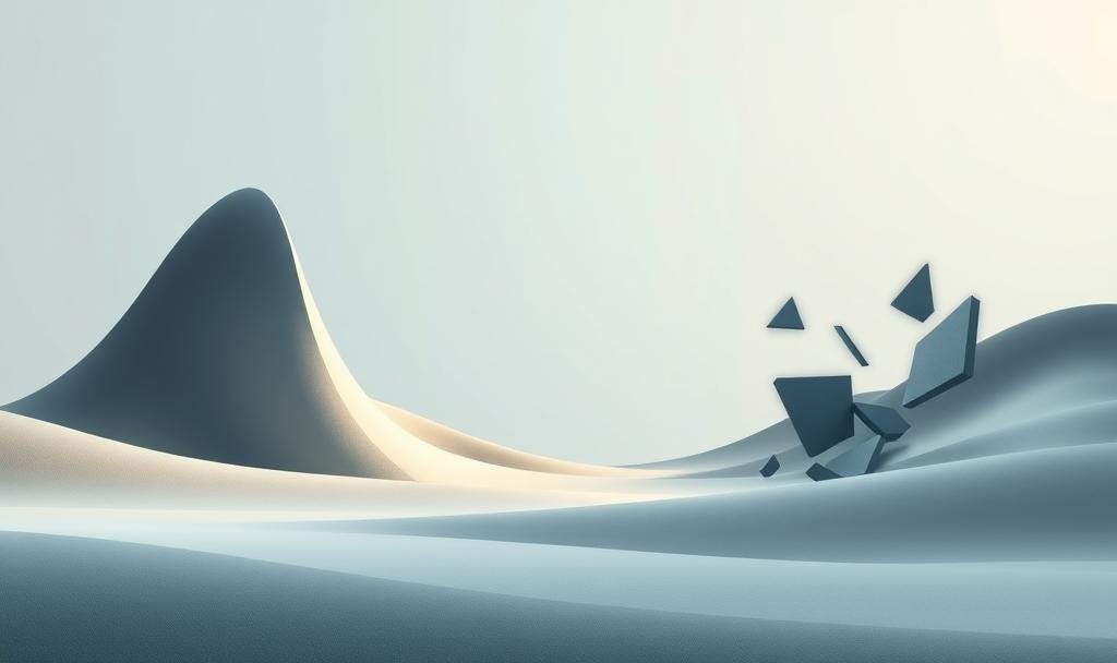 Abstract landscape with smooth, wave-like dunes and a soft peak on the left; fragmented geometric shapes rise from the right, suggesting disruption and transformation in a calm, transitional environment. Abstract landscape with smooth, wave-like dunes and a soft peak on the left; fragmented geometric shapes rise from the right, suggesting disruption and transformation in a calm, transitional environment.