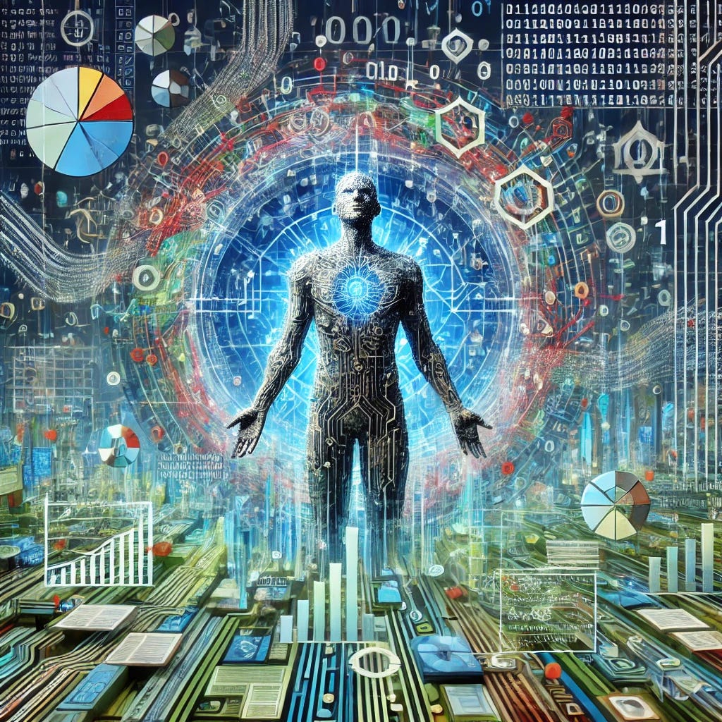 A personalized abstract image of 'information struggling,' centered on a digital human figure. The figure, composed of digital circuits and binary code, stands at the center of a whirlwind of data symbols, graphs, and documents. This digital human appears overwhelmed yet determined, embodying the struggle to process vast amounts of information. The surrounding chaos of tangled cables, screens, and digital elements creates a vivid scene. The color palette includes blues, greens, and yellows, adding a sense of urgency and technological complexity.