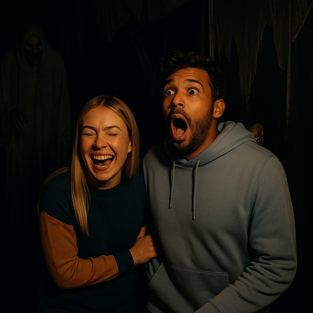 A couple reacts with laughter and surprise inside a haunted attraction — illustrating how safe fear creates joy and strengthens resilience.