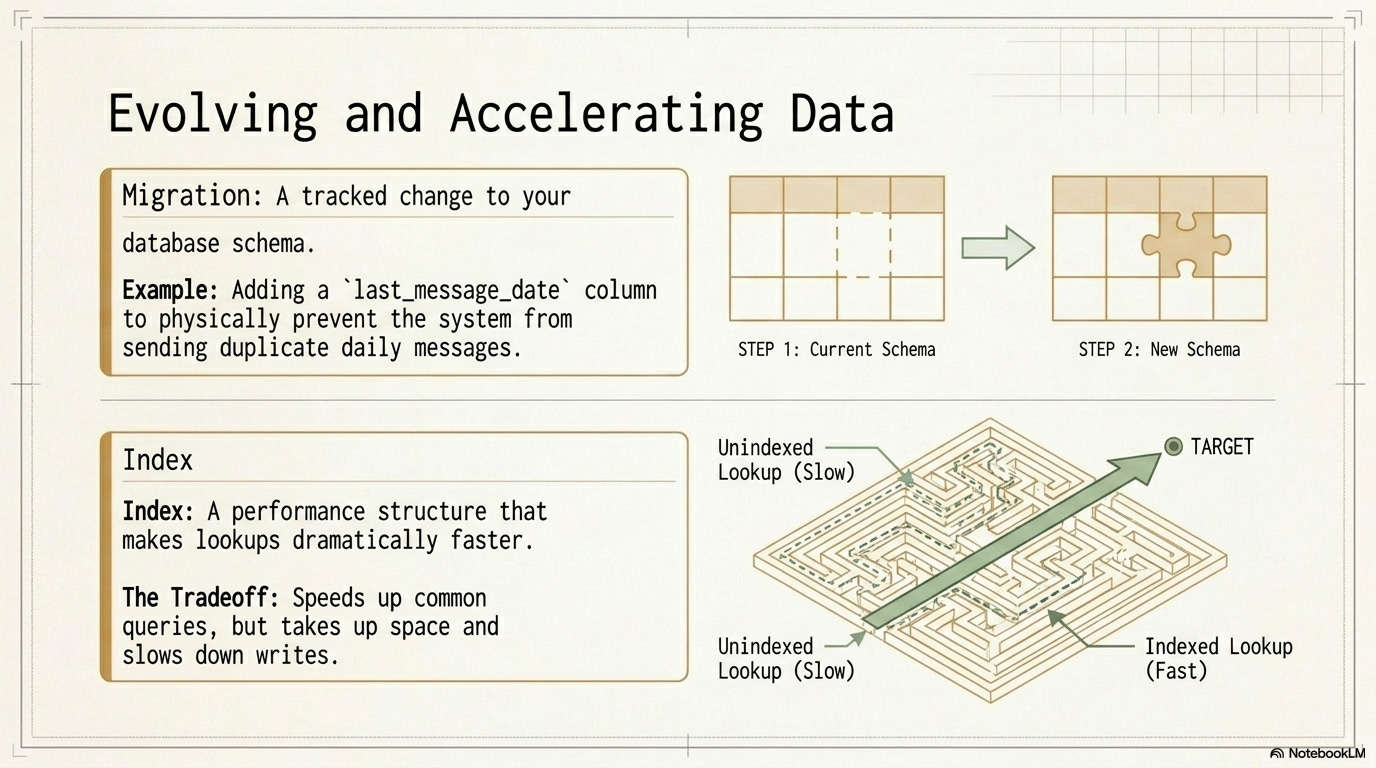 Infographic titled “Evolving and Accelerating Data” explaining two database concepts: migration (a tracked change to a database schema, illustrated as moving from a current schema to a new schema with a changed/added piece) and index (a performance structure that makes lookups faster, illustrated with a maze showing “unindexed lookup (slow)” versus “indexed lookup (fast)” leading to a target). It also notes the tradeoff that indexes speed up reads but take space and can slow down writes.