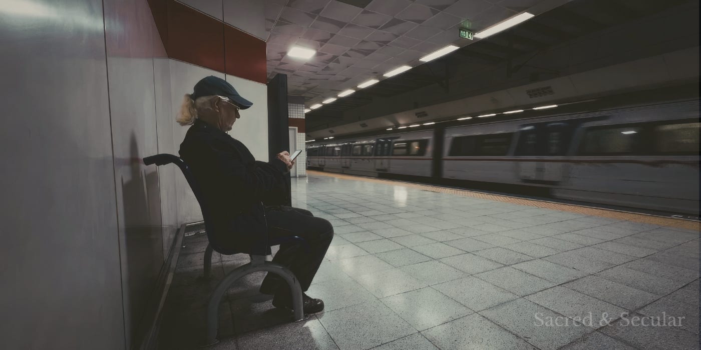 A lone person standing on a quiet railway platform
