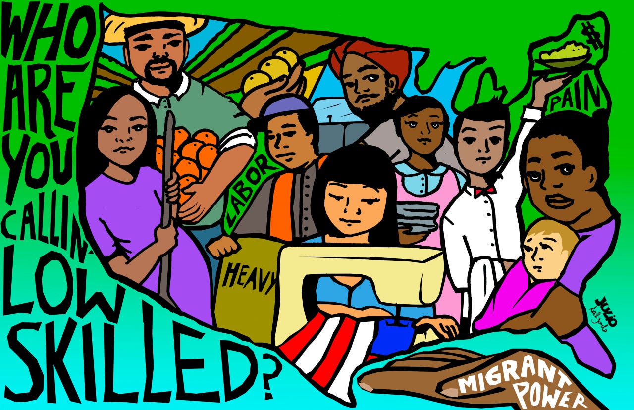 Illustration of diverse workers with tools, sewing machine, and food, challenging "low-skilled" label. Bold text reads "Who are you callin' low skilled?" and “Migrant Power” is on a brown hand in the bottom right corner. The workers are all in a shape of the United States. Julio's signature is in the bottom right, near the bottom of Florida. The image is filled with people from pregnant women/moms, to men working in the fields, or serving food. There are some words within the piece like, Pain, Labor, Heavy, and a dollar sign. The overall background is a green and aqua gradient.