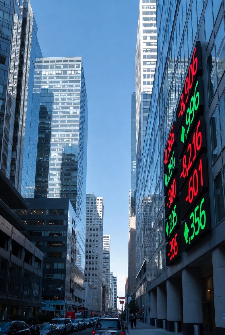 A photograph of a financial district with skyscrapers, stock market numbers, and urban activity under daylight.