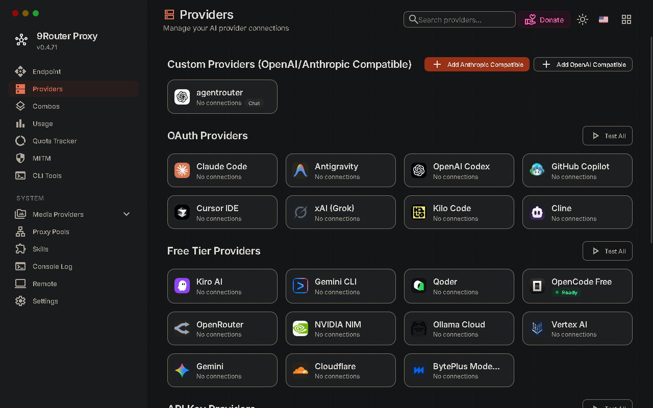 9Router provider catalog with several connected and available providers. 9Router provider catalog with several connected and available providers.