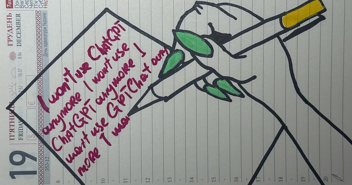 Illustration of a hand repeatedly writing “I won’t use ChatGPT anymore” on a sheet of paper, symbolising that an effective AI usage policy should provide practical guidance rather than simply banning employees from using AI tools Illustration of a hand repeatedly writing “I won’t use ChatGPT anymore” on a sheet of paper, symbolising that an effective AI usage policy should provide practical guidance rather than simply banning employees from using AI tools