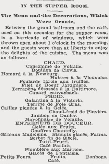 Newspaper clipping showing the menu at a rich people's party Newspaper clipping showing the menu at a rich people's party