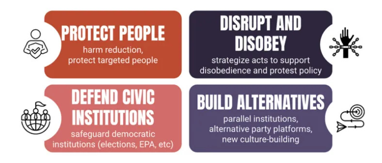 Infographic showing four roles for social change from Choose Democracy framework. Top row: "Protect People" (harm reduction, protect targeted people) in rust red, and "Disrupt and Disobey" (strategize acts to support disobedience and protest policy) in dark purple. Bottom row: "Defend Civic Institutions" (safeguard democratic institutions like elections, EPA, etc) in coral pink, and "Build Alternatives" (parallel institutions, alternative party platforms, new culture-building) in purple. Each section has a simple icon.