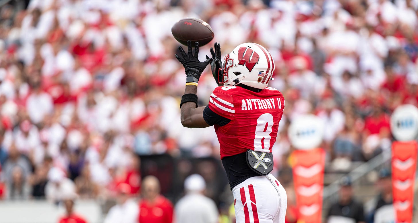 Wisconsin wide receiver Vinny Anthony II reaching out to catch a pass in game action. Photo credit: Ross Harried.