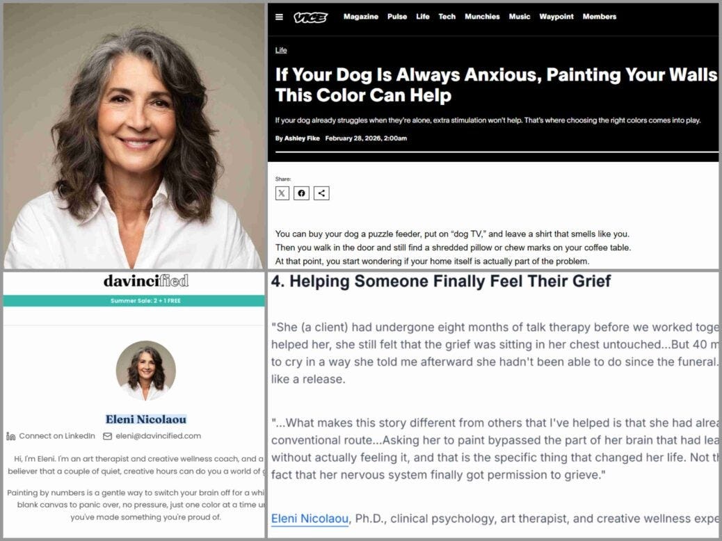 Profile pic of Dr Eleni Nicolaou is AI generated. She has been quoted in Vice, Psychology and numerous other titles.