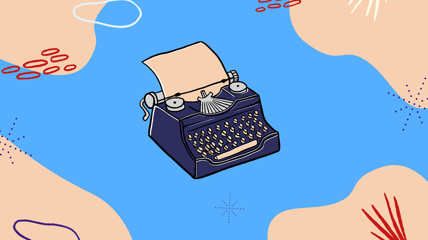 Black typewriter with beige paper coming out against a blue bakcground with beig shapes in the corners.