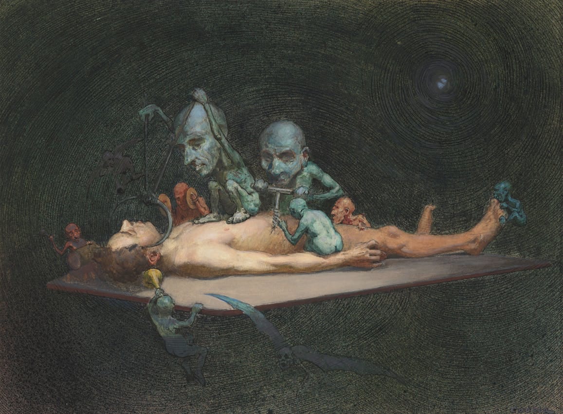 A man lying on an operating table with demon-like creatures on his chest A man lying on an operating table with demon-like creatures on his chest