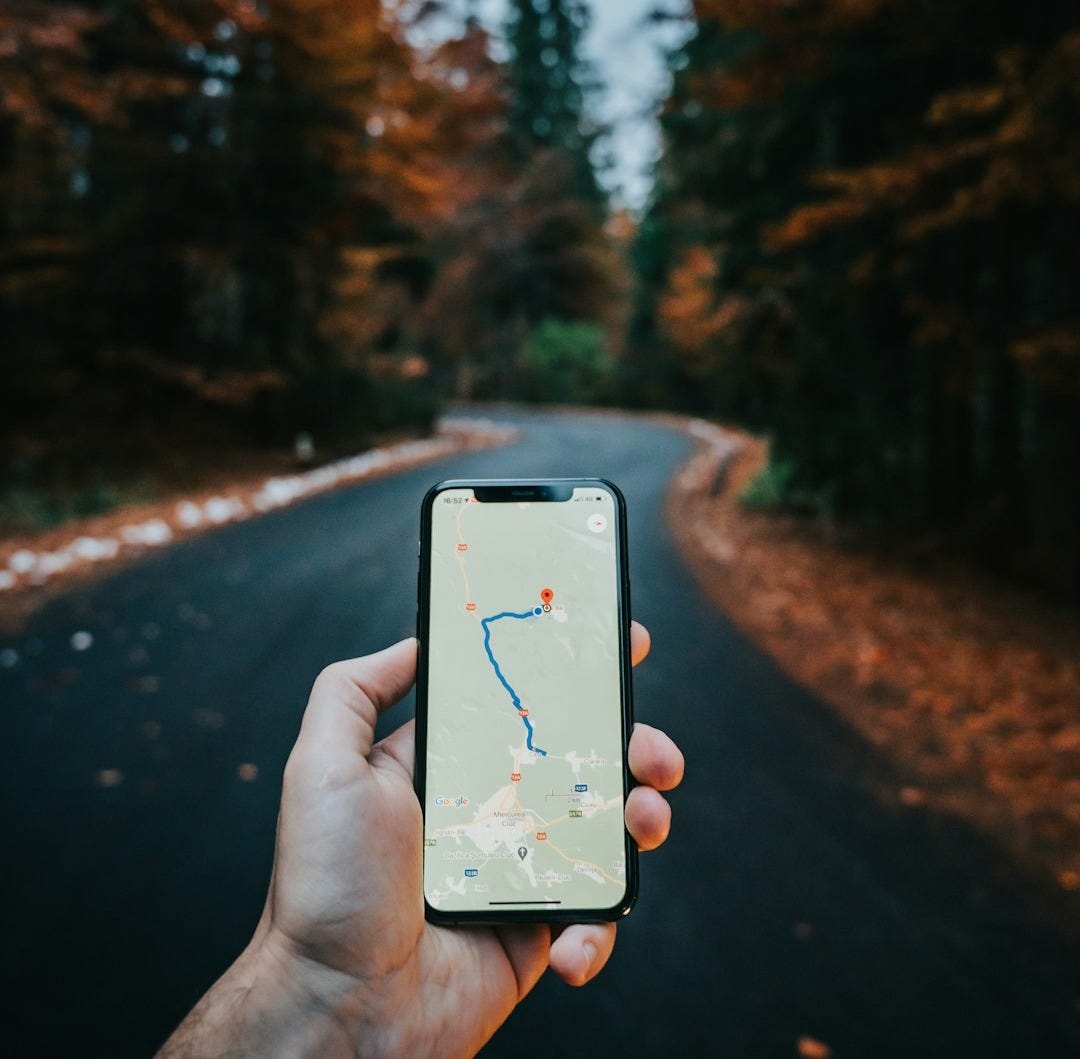 A hand holding a smartphone displaying a navigation map on a forest road