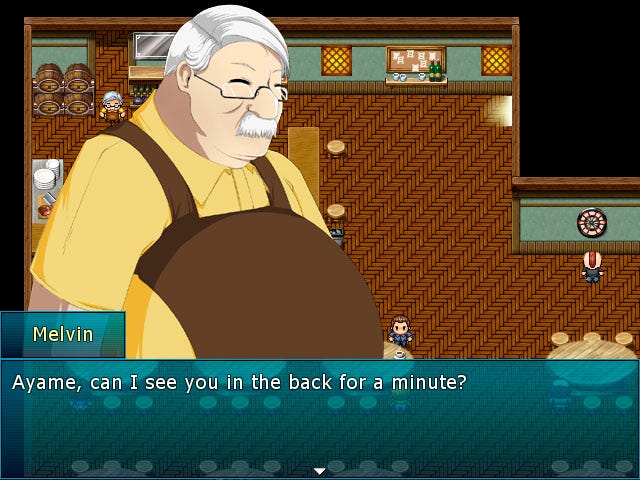 Ayame's boss is telling her to see him at the back of the bar