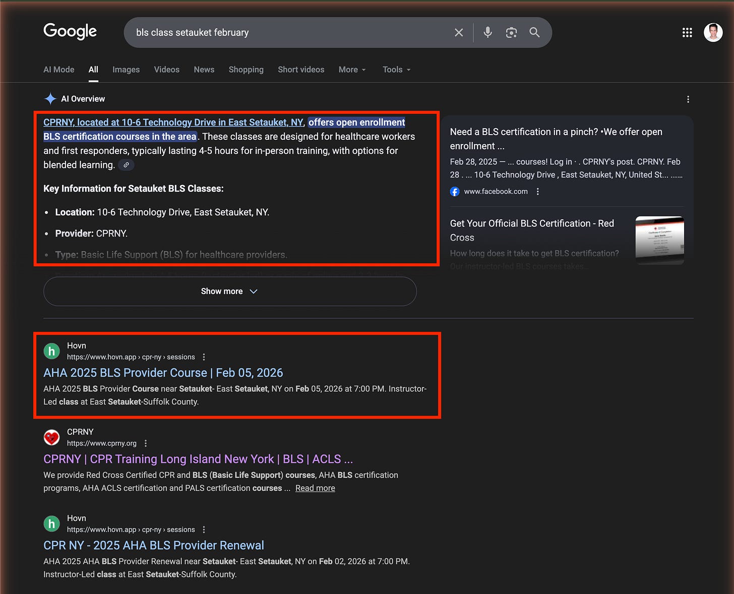 CPR Business with organic search results in the AI Summary and top 3 results.