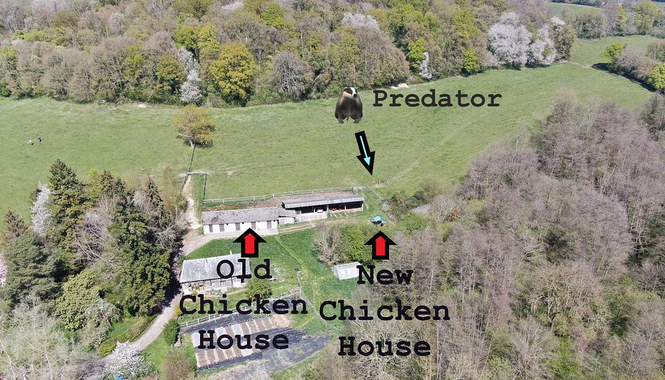 Aerial map showing location of old and new chicken house