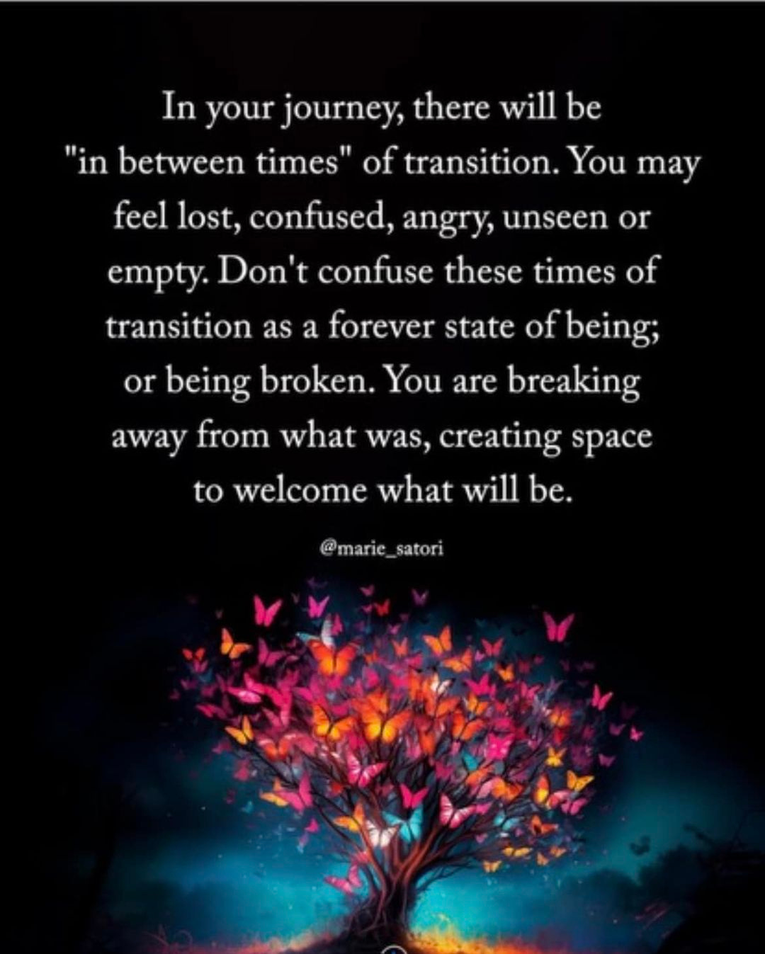 May be an image of text that says 'In your journey, there will be "in between times" of transition. You may feel lost, confused, angry, unseen or empty. Don't confuse these times of transition as a forever state of being; or being broken. You are breaking away from what was, creating space to welcome what will be a2 marie marie_satori satori'
