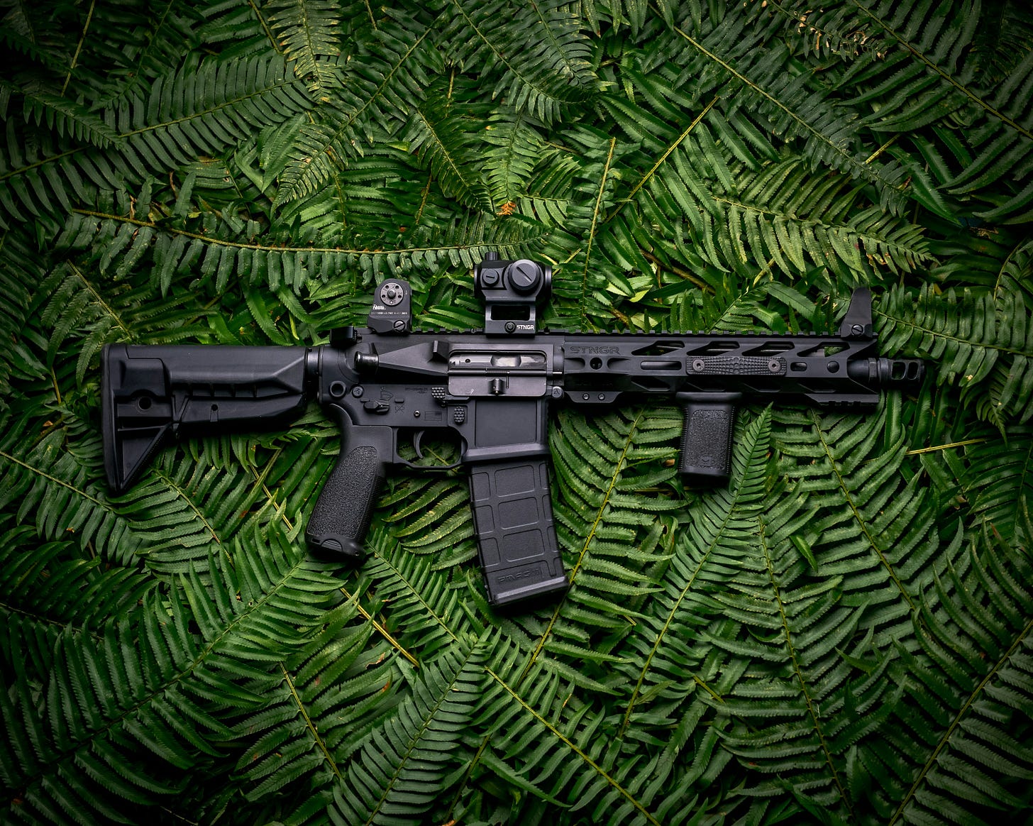 black rifle against green leaf background