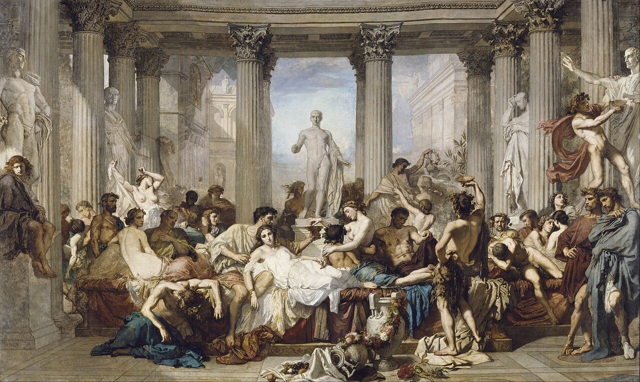 Drunken Romans slumped among statues after a banquet Drunken Romans slumped among statues after a banquet