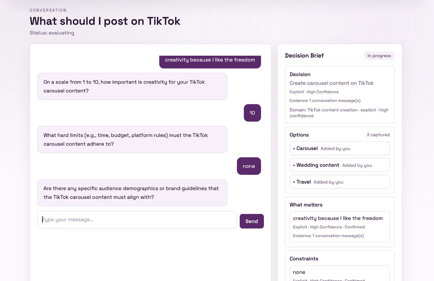 Screenshot of a conversation interface discussing TikTok carousel content creation, highlighting questions about creativity, time limits, and audience demographics.