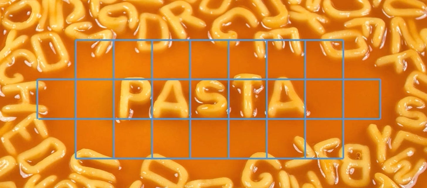 Image of alphabet soup with modeling gridlines Image of alphabet soup with modeling gridlines