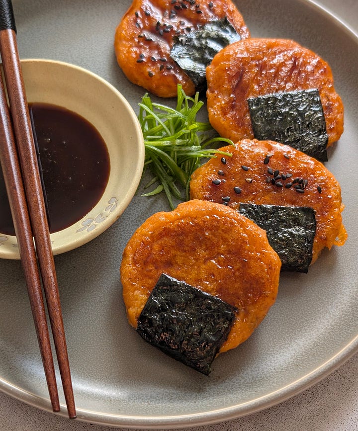 two types of savory mochi: golden pan-seared carrot mochi with a slightly crisp exterior and soft, tender center, and pillowy potato mochi balls, poached to a chewy, bouncy texture.