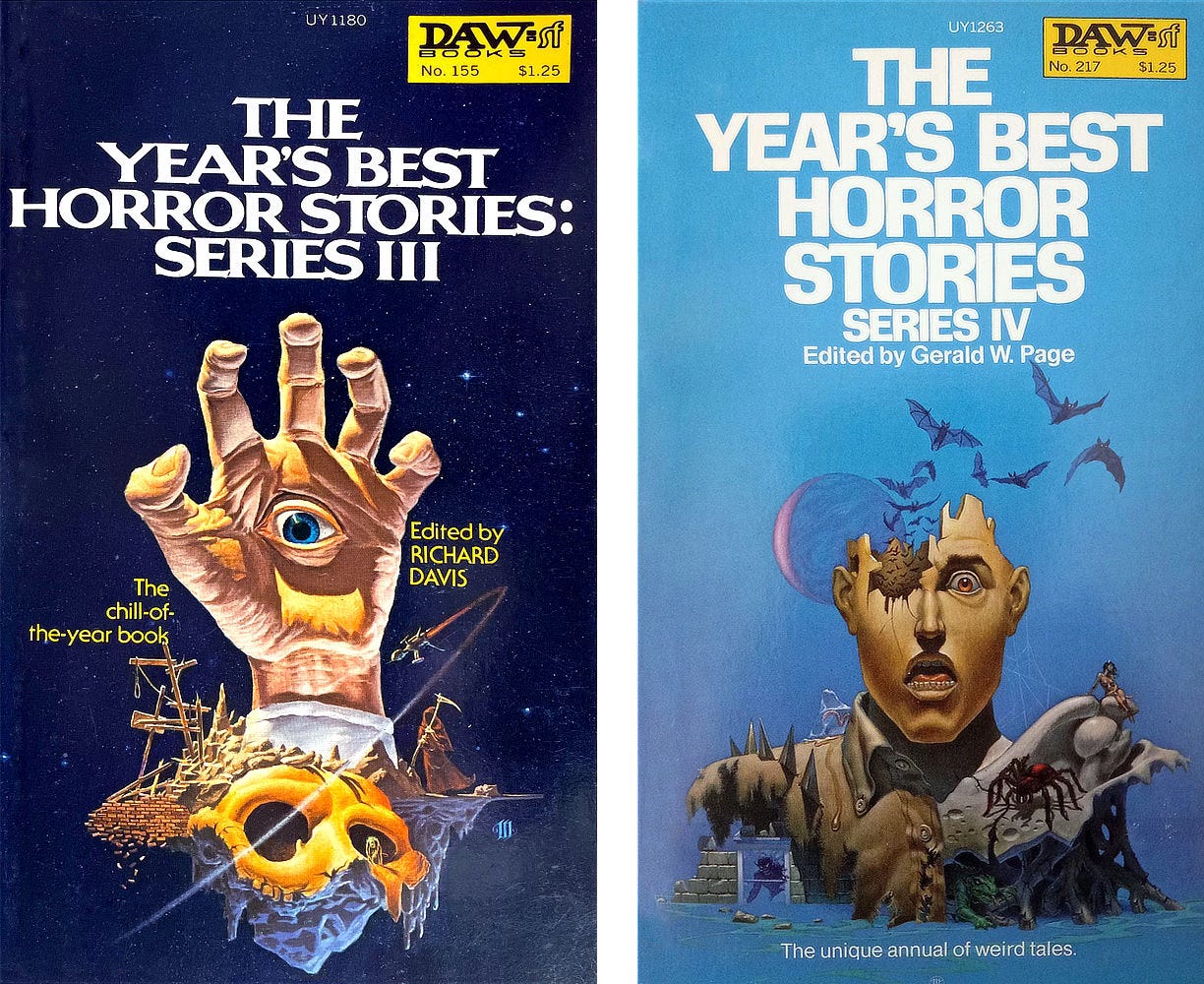 Book covers for THE YEAR'S BEST HORROR STORIES: SERIES III and IV edited by Gerald W. Page, published by DAW Books