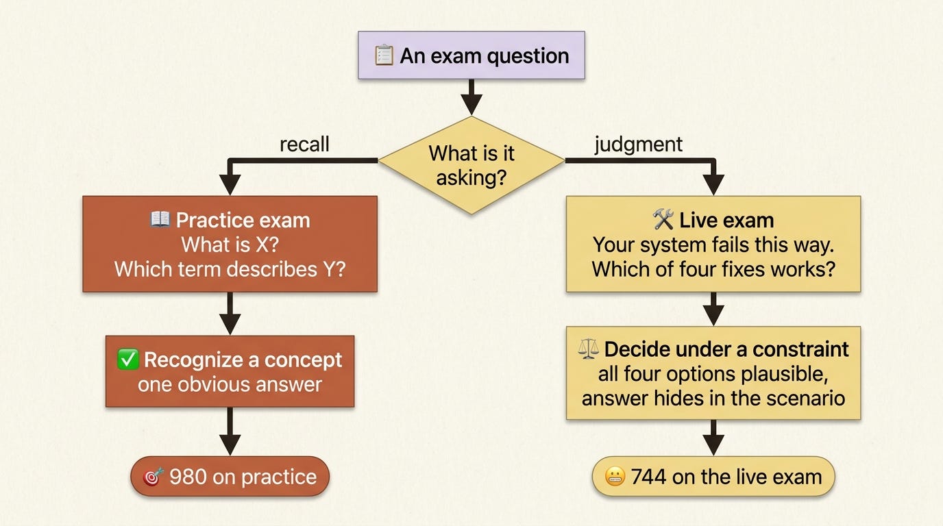 A single exam question splits two ways: the practice exam asks you to recall a concept and rewards recognition, while the live exam asks you to choose a fix and rewards judgment under a constraint.