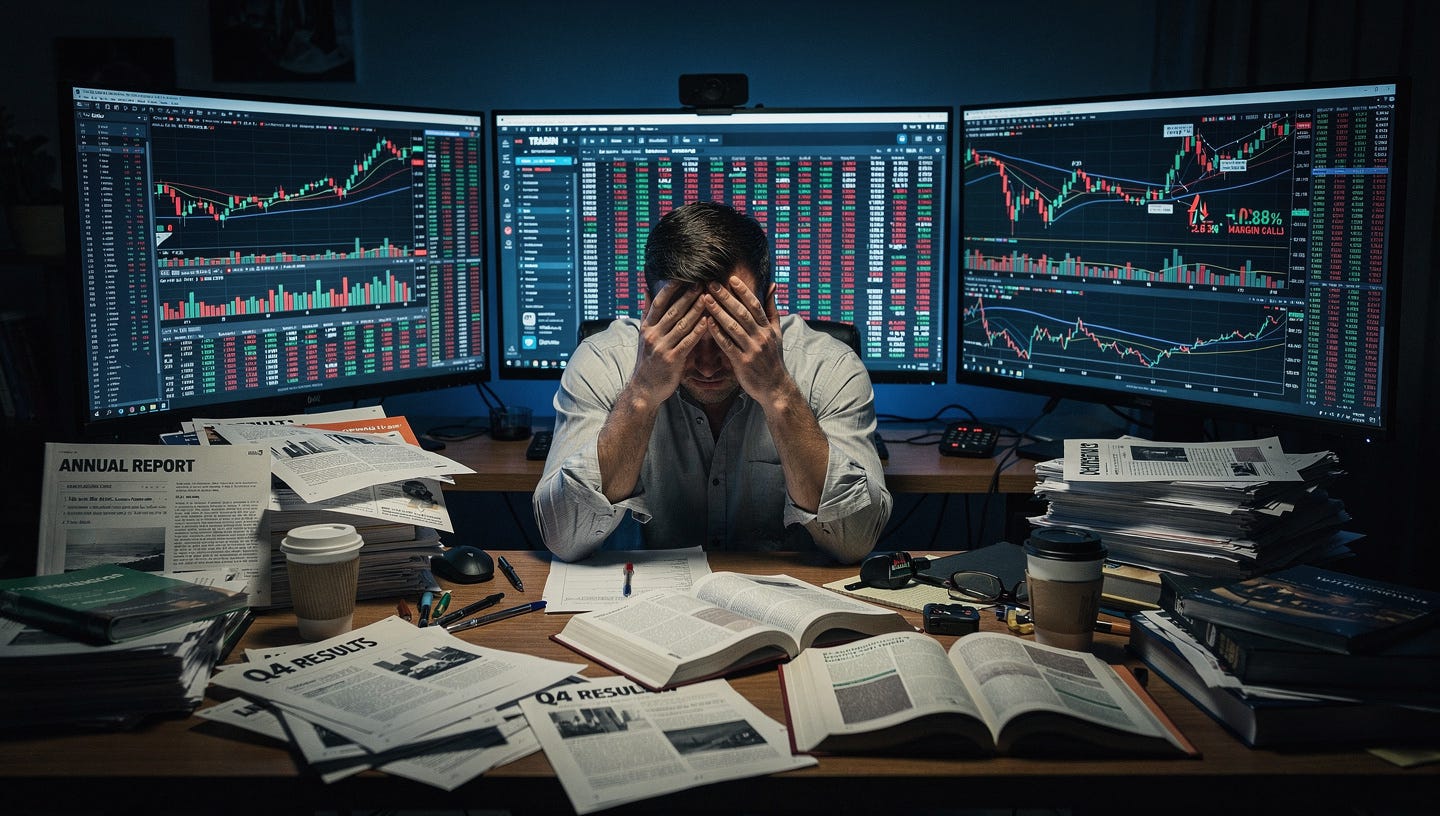 A candid, documentary-style photograph of a stressed novice investor overwhelmed by technical data. A man in his late 20s sits at a cluttered desk late at night, rubbing his face with both hands in frustration. Three computer monitors surround him, displaying extremamente complex, chaotic financial charts with too many indicators, confusing spreadsheets with red numbers, and a trading platform interface that looks incomprehensible. Piles of printed company annual reports and open financial textbooks are scattered messily around the desk. The lighting is harsh blue light coming from the screens, casting deep shadows. The atmosphere is chaotic, confused, and claustrophobic. Film grain, realistic texture, 35mm lens. A candid, documentary-style photograph of a stressed novice investor overwhelmed by technical data. A man in his late 20s sits at a cluttered desk late at night, rubbing his face with both hands in frustration. Three computer monitors surround him, displaying extremamente complex, chaotic financial charts with too many indicators, confusing spreadsheets with red numbers, and a trading platform interface that looks incomprehensible. Piles of printed company annual reports and open financial textbooks are scattered messily around the desk. The lighting is harsh blue light coming from the screens, casting deep shadows. The atmosphere is chaotic, confused, and claustrophobic. Film grain, realistic texture, 35mm lens.