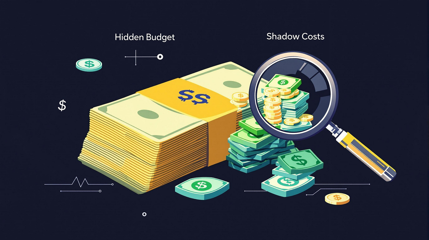 A modern business illustration showing stacks of money with labels "Hidden Budget" and "Shadow Costs" being discovered, magnifying glass revealing hidden value, professional SaaS newsletter style graphics