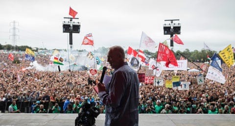 Jeremy Corbyn addressing the vast Pyramid stage crowd.