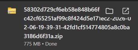 Download completion showing 775 MB file size