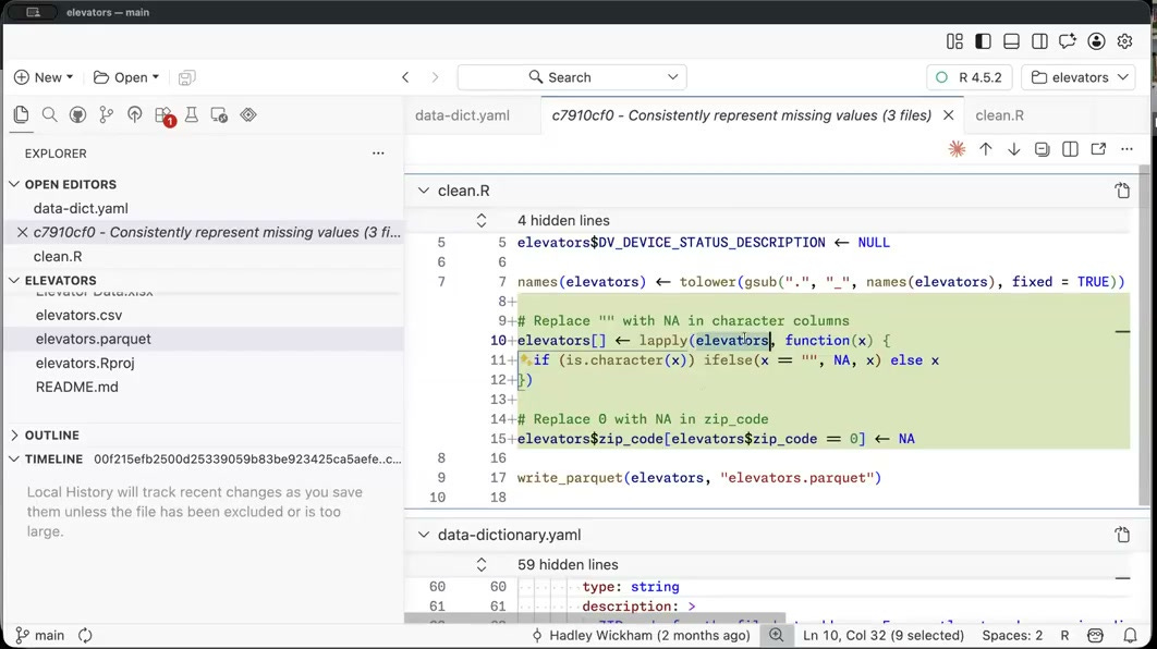 Demo: a git diff for the commit "Consistently represent missing values" — clean.R gains a loop replacing empty strings with NA across character columns and zeroes in zip_code with NA Demo: a git diff for the commit "Consistently represent missing values" — clean.R gains a loop replacing empty strings with NA across character columns and zeroes in zip_code with NA