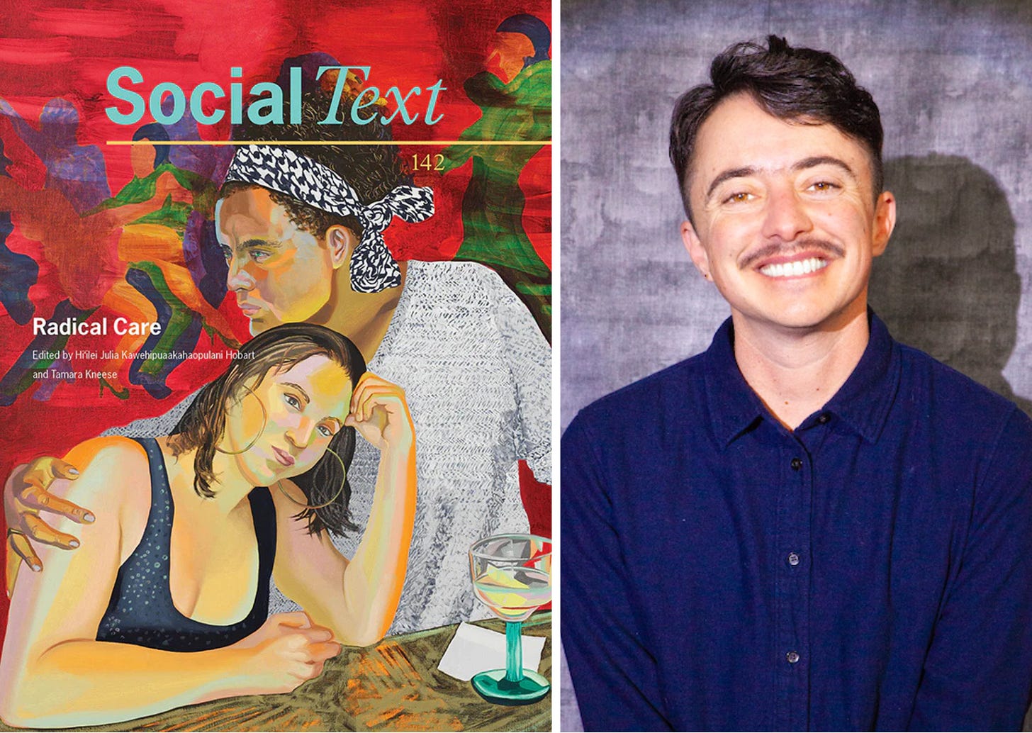 Left side of the image is the cover of Social Text journal showing two individuals embracing while sitting at a table. Right side of the image is a profile photo of the author, Dean Spade.