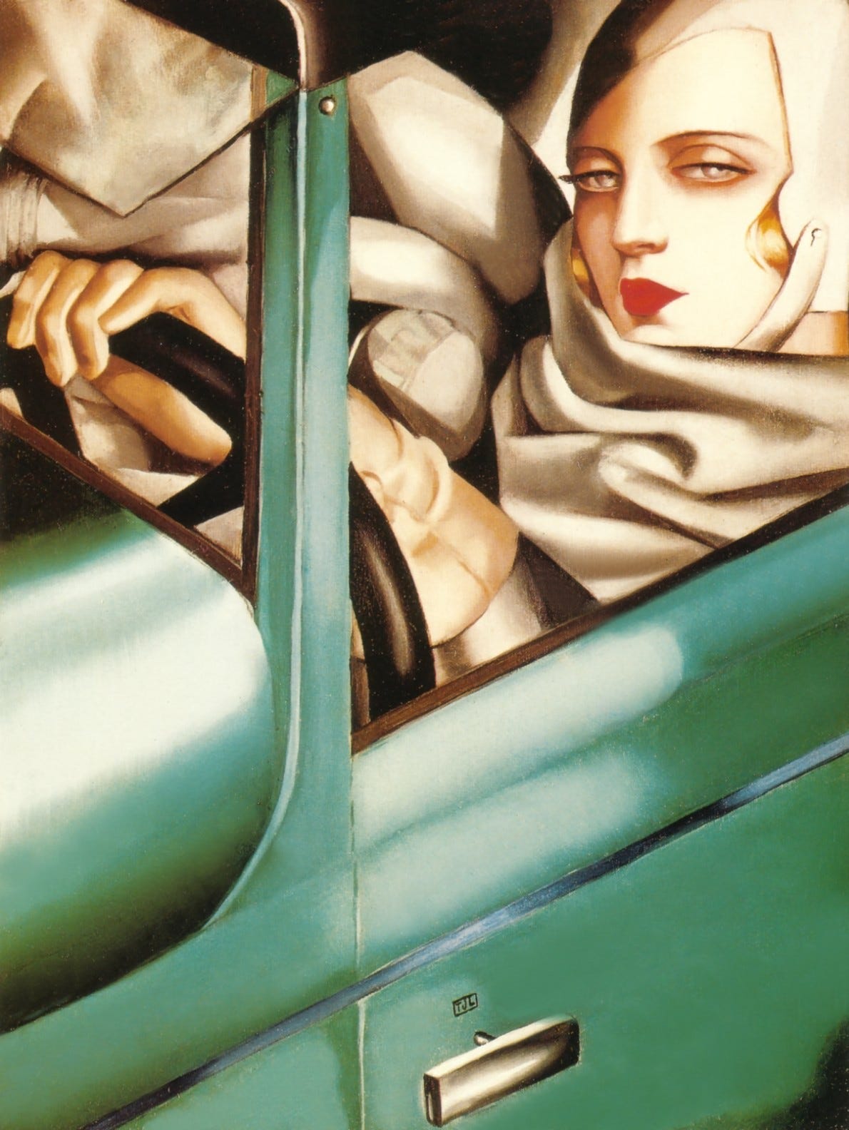 Tamara de Lempicka self portrait, the artist behind the wheel of a green car, painted for a 1929 magazine cover Tamara de Lempicka self portrait, the artist behind the wheel of a green car, painted for a 1929 magazine cover