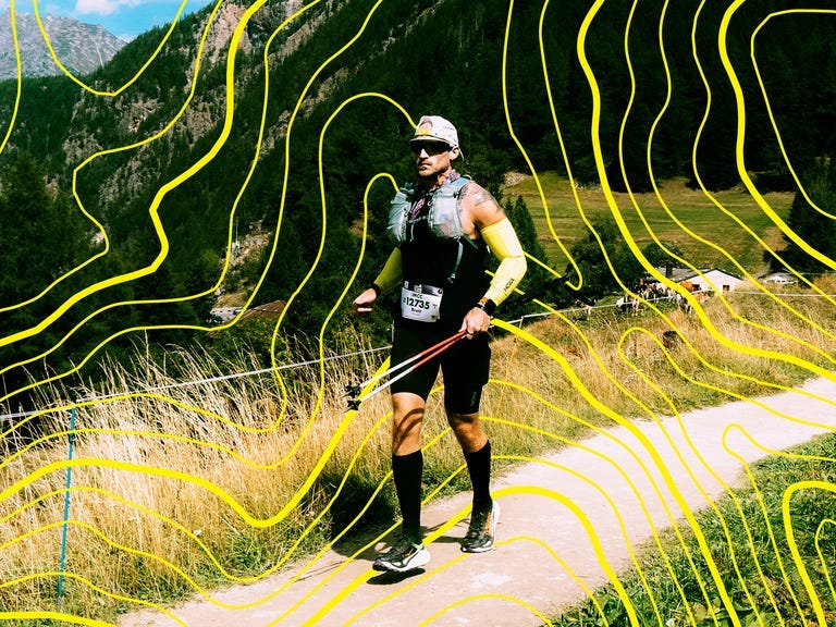 Runner using trekking poles on a mountain trail with vibrant overlay graphics.