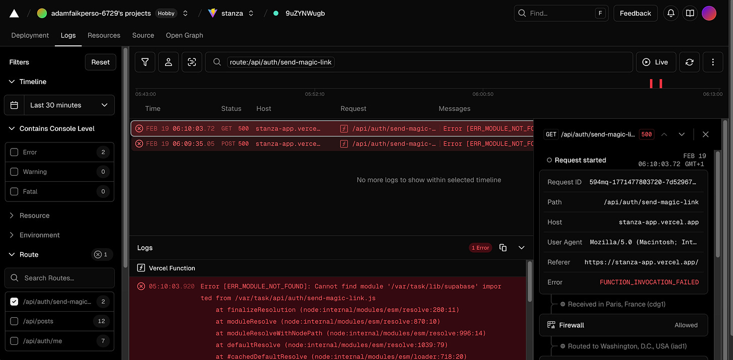 The Vercel logs interface displays a red server error stating it cannot find the Supabase module. The Vercel logs interface displays a red server error stating it cannot find the Supabase module.