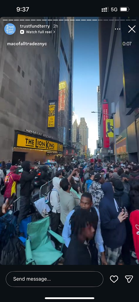 Nine-panel grid of social media screenshots and news footage capturing the chaotic global rollout of the Swatch x Audemars Piguet Royal Pop collaboration. Top row shows uniformed police officers stationed outside a Swatch boutique with the caption "It is the last day of the," a massive crowd packed shoulder-to-shoulder on a Manhattan street in front of "The Lion King" Broadway theatre near Times Square, and a blurred storefront image suggesting motion or commotion. Middle row shows a confrontation between police and individuals on a city street captioned "Losing their freedom," another angle of the dense Times Square crowd in front of the Lion King theatre with people raising phones to film, and an overhead view of a packed crowd outside a Swatch storefront. Bottom row shows a quiet shot of someone walking past a closed boutique captioned "Things getting crazy at the AP X Swatch lineup in Montreal" with a Canadian flag emoji, police officers detaining or speaking with individuals inside a building with the caption "in Miami shutdown," and a dark cinematic still featuring a dimly lit restaurant or bar interior with the text "It's from this new Swatch collab called the Royal Po—" overlaid. The collage documents the global scale of the disruption — from New York and Montreal to Miami — and the police response that accompanied multiple store closures during the Royal Pop launch.