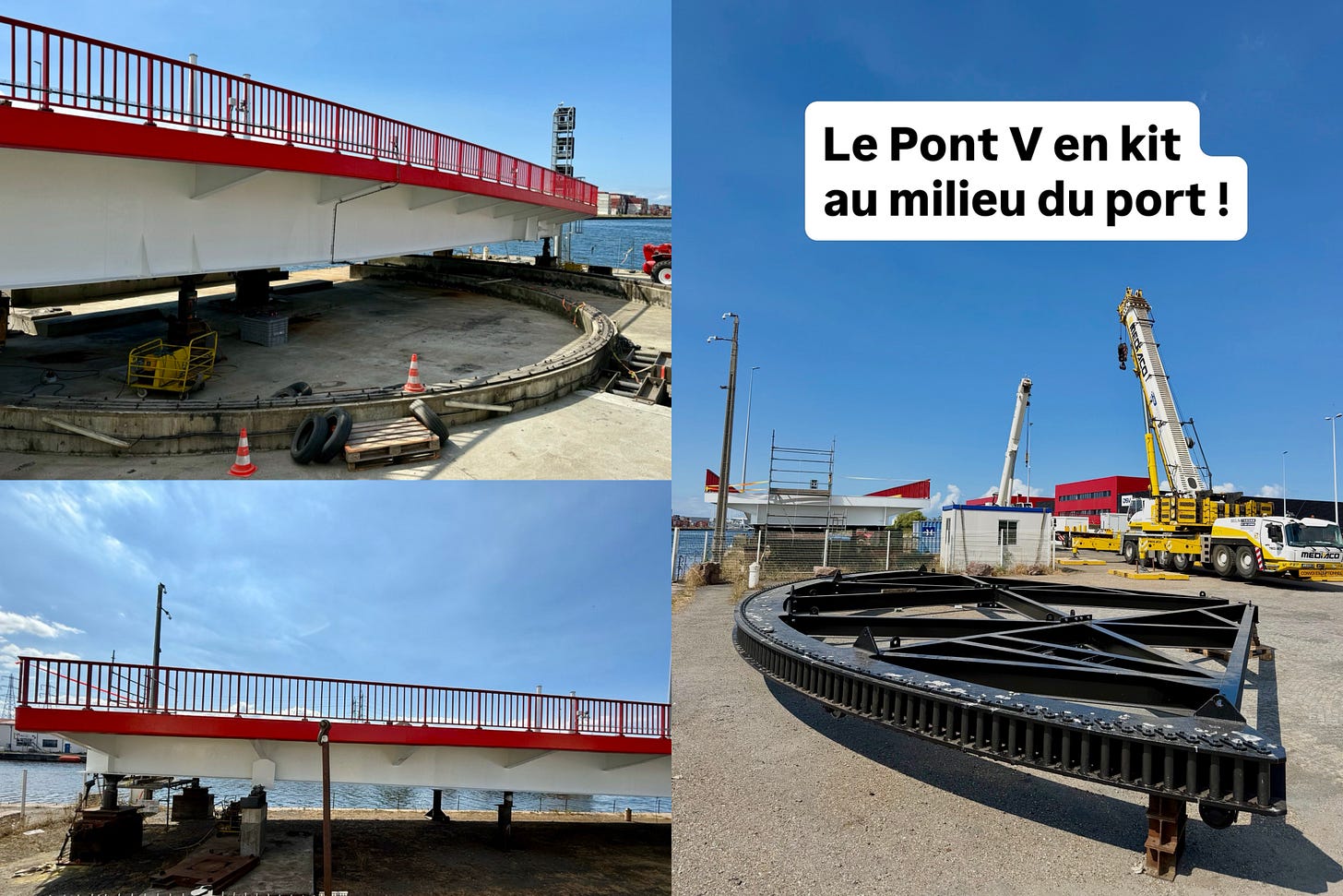 Une de la page Le Pont V en kit au milieu du port ! plusieurs images du pont deposé sur le quai et du pivot et présence de grues sur le chnatoer Une de la page Le Pont V en kit au milieu du port ! plusieurs images du pont deposé sur le quai et du pivot et présence de grues sur le chnatoer