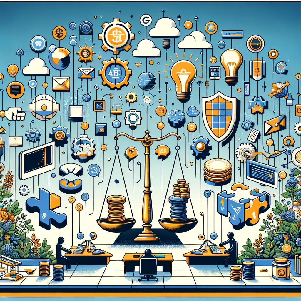Create a digital illustration that visualizes the future of digital advertising in the post-third-party cookie era, guided by regulatory insights. The image should depict a balanced and transparent ecosystem where various entities—represented by interconnected platforms, devices, and people—collaboratively engage in fair and transparent digital advertising practices. Include visual elements that symbolize governance, such as scales of justice or a guiding light, to emphasize the role of oversight bodies like the UK's Competition and Markets Authority in shaping this new landscape. Additionally, incorporate symbols of interoperability and standardization, like interconnected gears or puzzle pieces fitting together, to highlight the importance of these aspects in future advertising technologies. The overall tone should be optimistic, showcasing a harmonious and equitable future for all stakeholders in the digital advertising space.