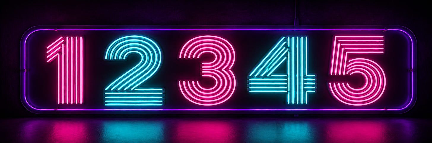 Neon sign with glowing pink and cyan numbers 1 through 5 on a dark background. Neon sign with glowing pink and cyan numbers 1 through 5 on a dark background.