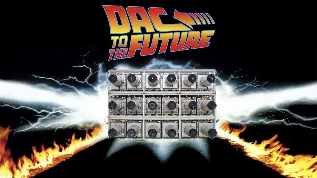 The Back to the Future logo edited to read "DAC to the Future", above a direct air capture unit leaving twin trails of fire and lightning.