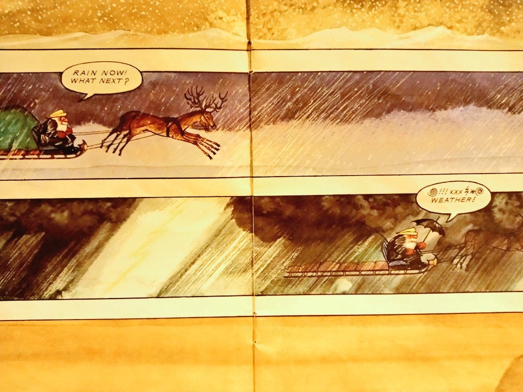 Raymond Briggs' Father Christmas flies his reindeer through bad weather